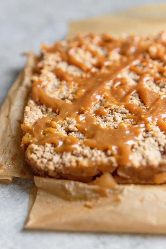 Ready to slice sheet of Apple Pie Caramel Bars