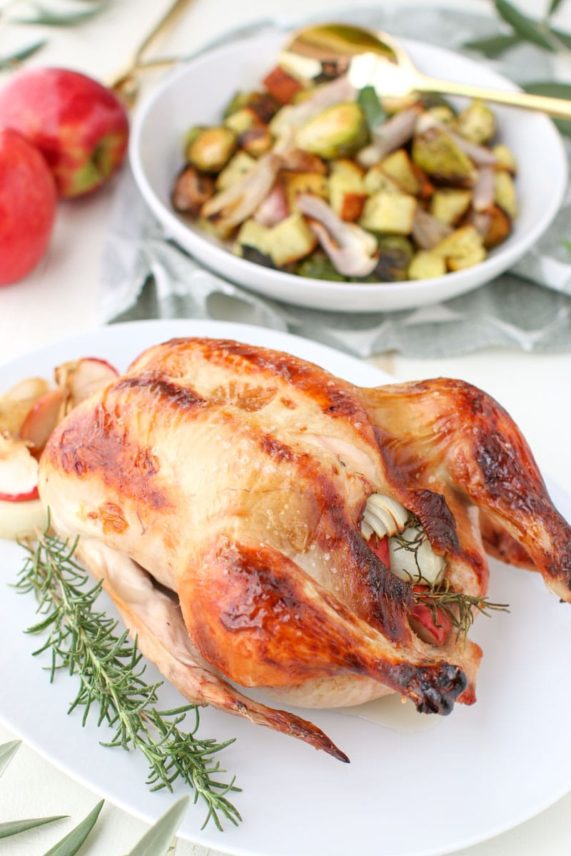 Cider-Brined Roast Chicken with a bowl of Fall Vegetables