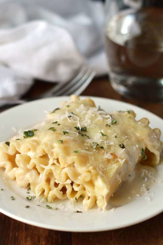 Just plated serving of Basil and Ricotta Lasagna Rollups