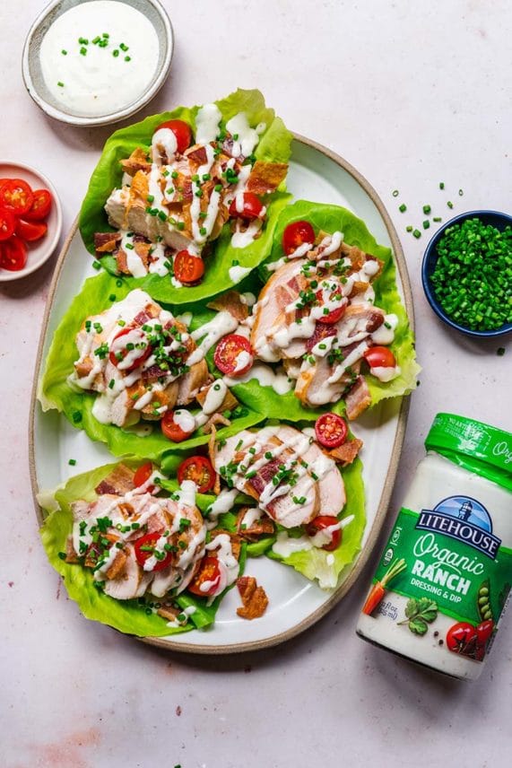 Bacon Chicken Ranch Lettuce Wraps with Litehouse Organic Ranch