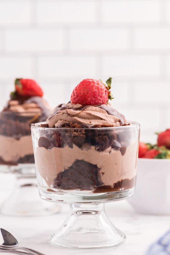 Brownie Parfaits topped with Strawberries