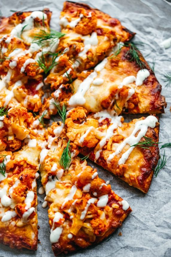 Freshly garnished Buffalo Cauliflower Pizza