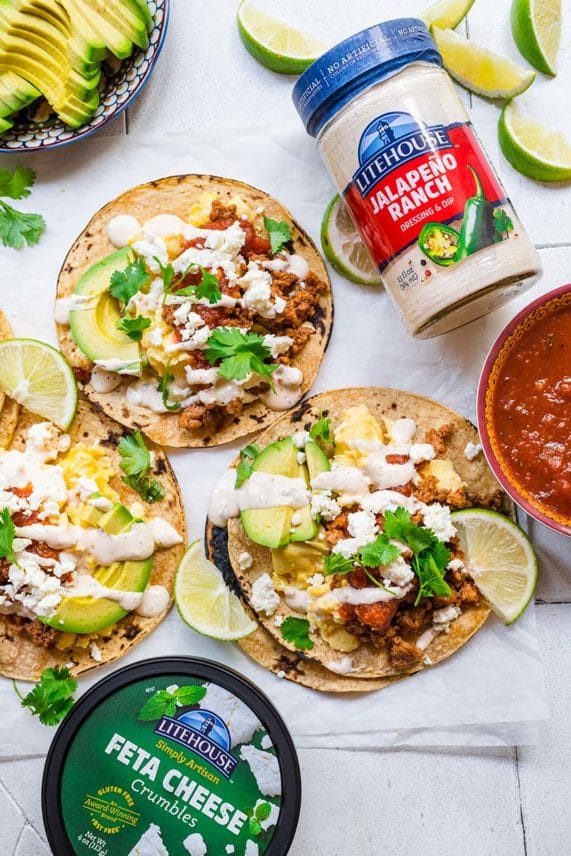Adding Feta Cheese Crumbles to Chorizo Breakfast Tacos with Jalapeno Ranch