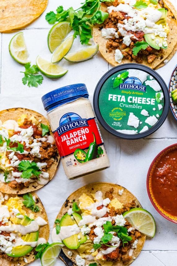 Feta Cheese Crumbles and Jalapeno Ranch for Chorizo Breakfast Tacos