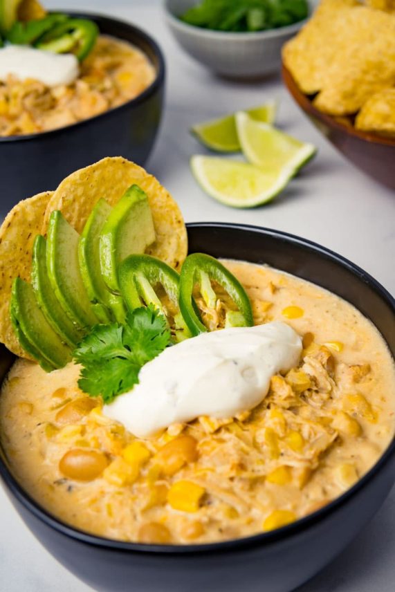 Freshly garnished bowl of White Chicken Chili