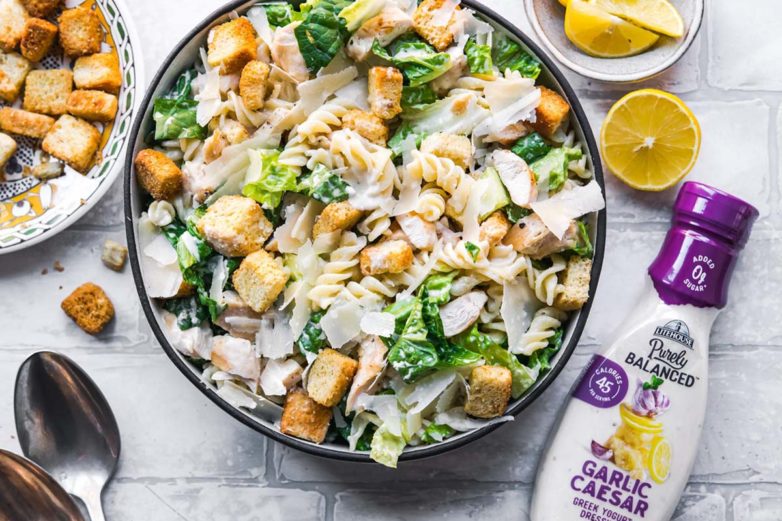 Chicken Caesar Pasta Salad with Garlic Caesar Greek Yogurt Dressing