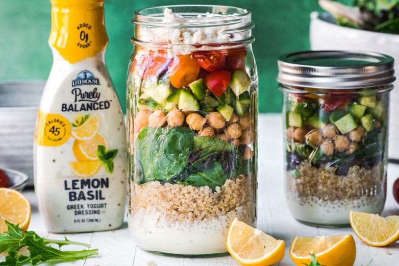 Quinoa Chickpea Salad in a Jar with Lemon Basil Greek Yogurt Dressing
