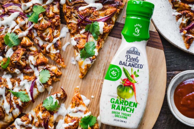 BBQ Cauliflower Pizza drizzled with Litehouse Garden Ranch