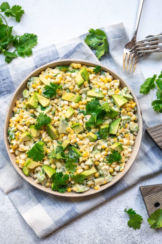 Big bowl of Corn Jalapeño Ranch Salad with Avocado