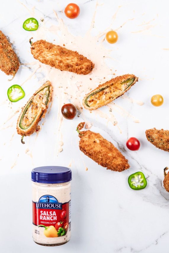 Bacon and Four-Cheese Stuffed Jalapeno Poppers with Salsa Ranch Dressing