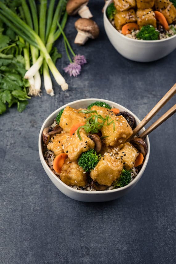 Sesame Ginger Tofu Stir Fry Bowl with Brown Rice and Quinoa Blend