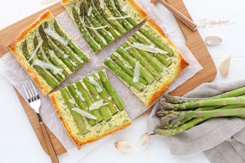 Just sliced batch of Herbed Ricotta and Asparagus Tart