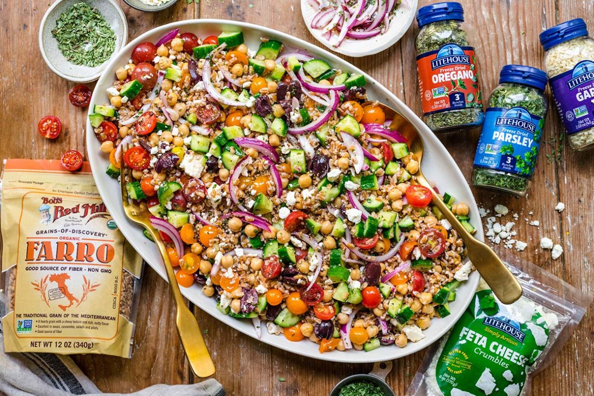 Farro Greek Salad with Freeze Dried Oregano, Parsley and Garlic