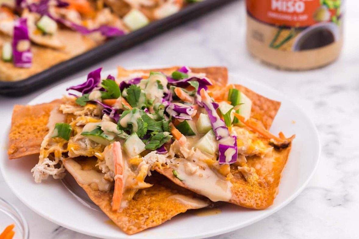 Asian Chicken Nachos with Litehouse Sesame Miso Dressing & Dip