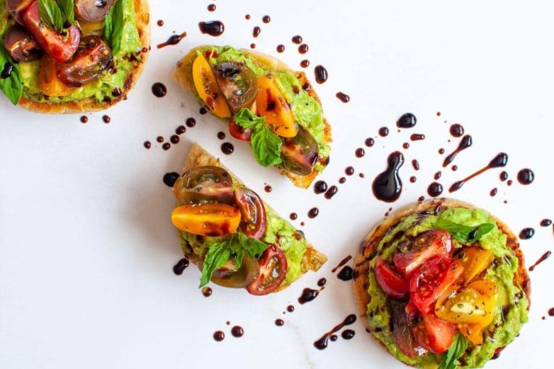 Avocado Toast Bruschetta drizzled with Litehouse Balsamic Dressing & Marinade