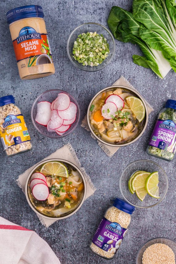 Preparing ingredients for Sesame Miso Chicken Noodle Soup