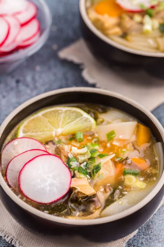 Fresh served bowls of Sesame Miso Chicken Noodle Soup