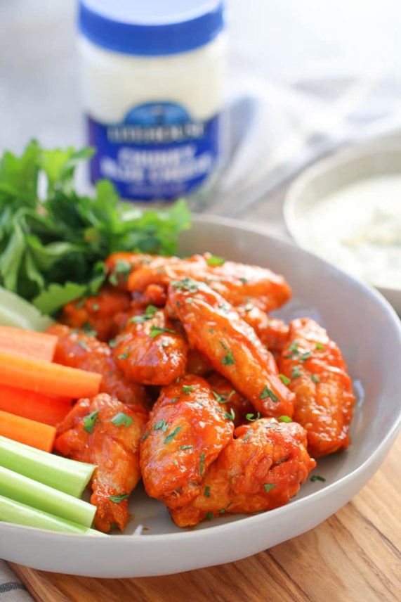 Baked Spicy Bourbon Chicken Wings with Chunky Blue Cheese