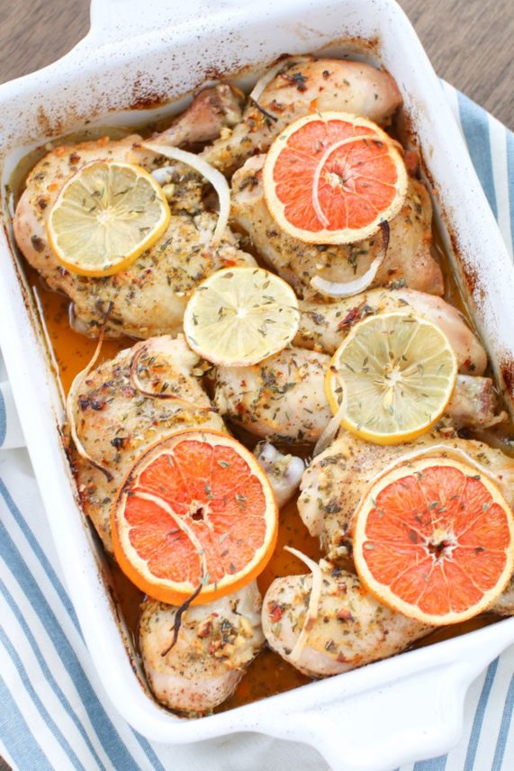 Preparing a pan of Citrus Herb Chicken