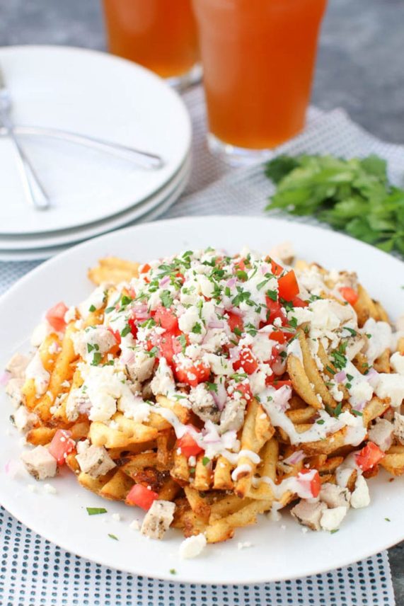 Heaping plate of Greek Chicken Fries