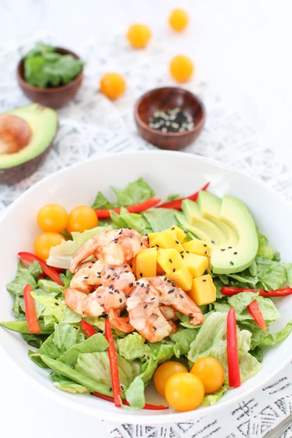 Large bowl of Sesame Mango Shrimp Salad