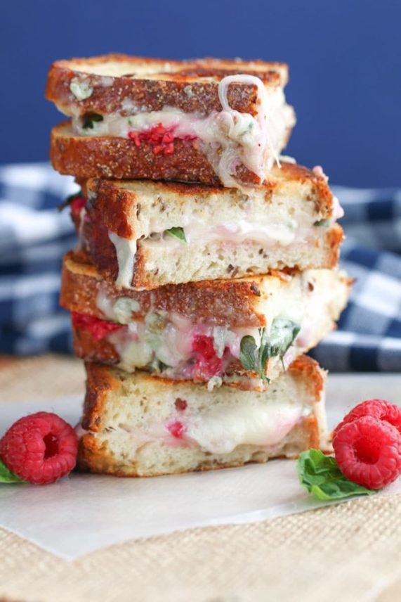 Stack of Grilled Raspberry, Basil and Blue Cheese Sandwiches