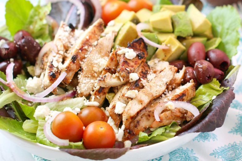 Large plate of Avocado Greek Chicken Salad