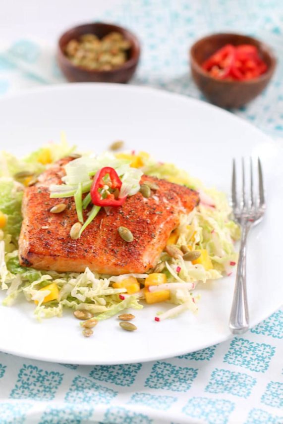 Plate of Blackened Mango Salmon with Spicy Coleslaw