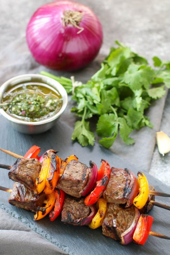 Chimichurri Sirloin Steak and Peppers Skewers