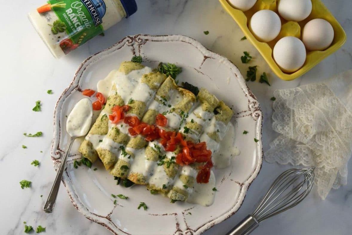 Spinach-stuffed Pesto Egg Wraps served with Litehouse Organic Ranch