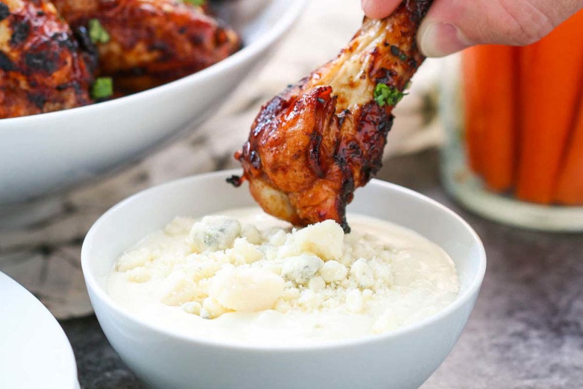 Korean Grilled Chicken Wings dipped in Chunky Blue Cheese Dressing