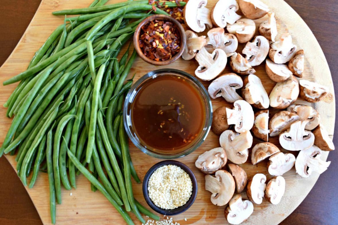 Sesame Ginger Roasted Green Beans & Mushrooms Recipe ingredients and prep