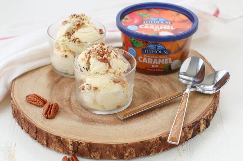 Pumpkin Spice Caramel Pecan Ice Cream ready for dessert