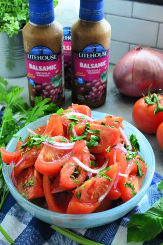 Balsamic Tomato and Onion Salad made with Balsamic Vinaigrette Dressing & Marinade