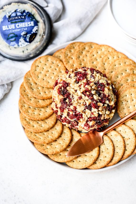 Holiday Blue Cheese Ball and crackers on a tray