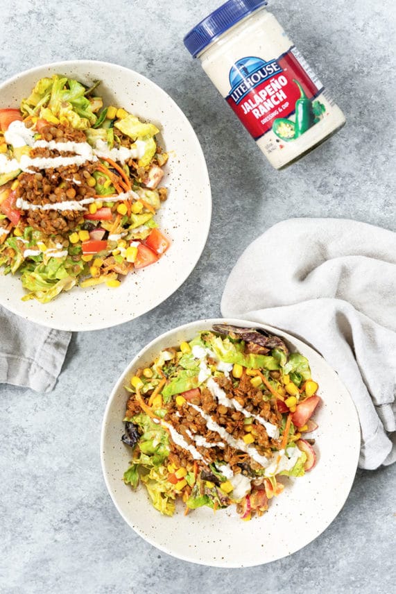 Two bowls of Vegetarian Taco Salad with Litehouse Jalapeno Ranch Dressing