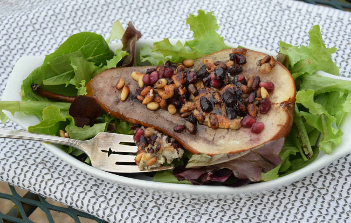 Plate of Blue Cheese Roasted Pears with Pomegranate & Pine Nuts