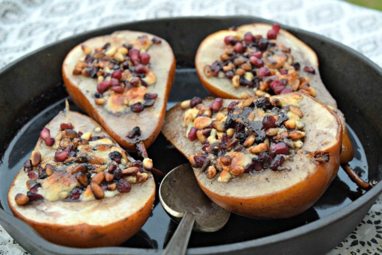 Preparing Blue Cheese Roasted Pears with Pomegranate & Pine Nuts