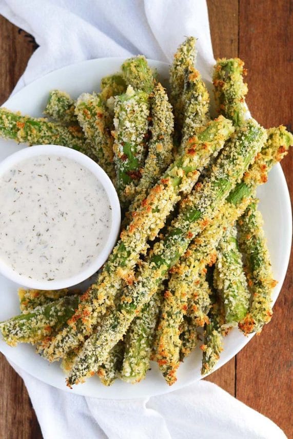Big plate of Crispy Oven Baked Asparagus ready to eat