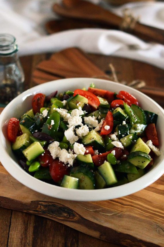 Freshly garnished Edamame Greek Salad