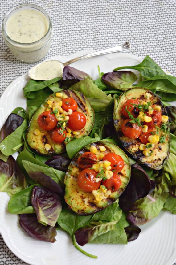Plate of Grilled Avocado Salad with Flame-Kissed Tomatoes and Corn