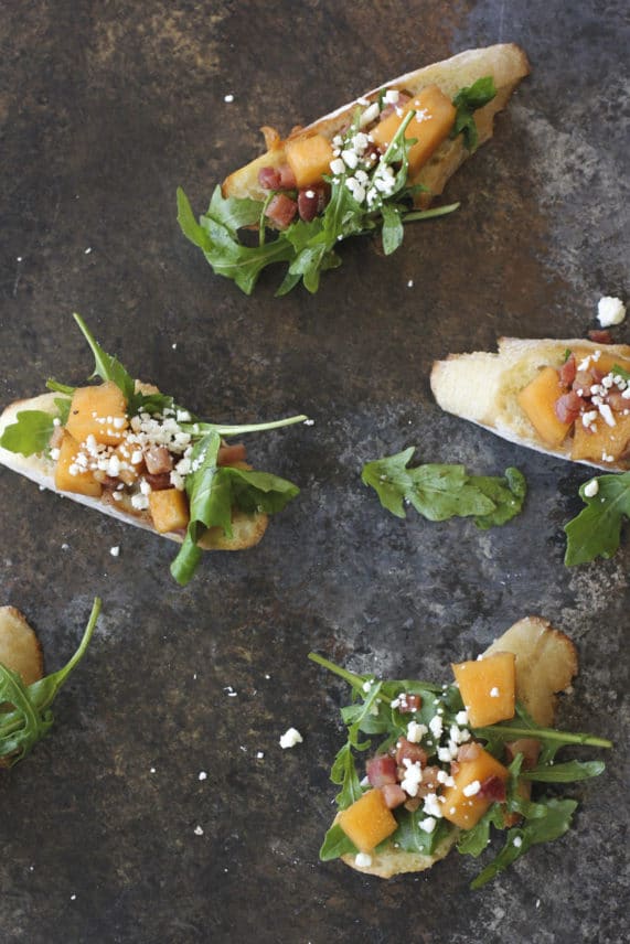 Fresh made Cantaloupe, Pancetta & Feta Crostini