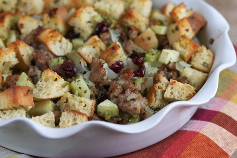 Large serving bowl of Sausage and Herb Stuffing