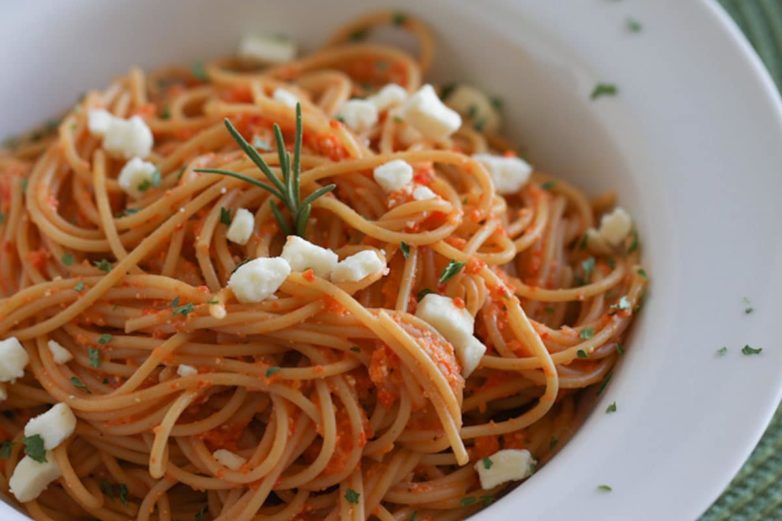Big bowl of Spaghetti with Creamy Roasted Red Peppers and Feta Cheese Sauce