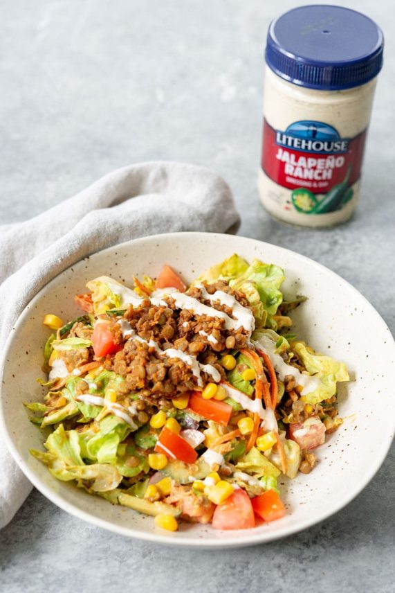 Bowl of Vegetarian Taco Salad with Litehouse Jalapeno Ranch Dressing