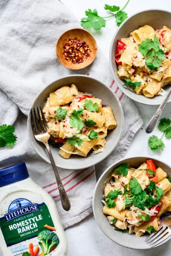 Instant Pot Creamy Ranch Chicken Pasta ready to eat