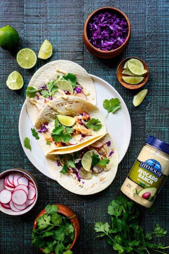 Easy Fish Tacos with Litehouse Avocado Ranch Dressing
