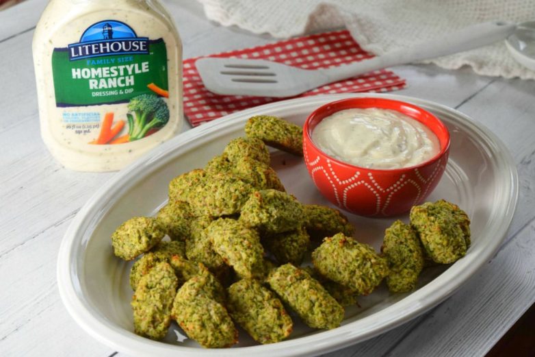 Parmesan Broccoli Tots on a platter with Homestyle Ranch ready to eat
