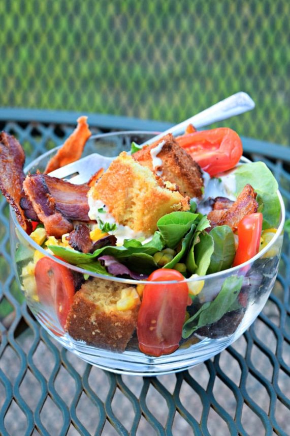 Big bowl of Homestyle Ranch & Bacon Cornbread Panzanella