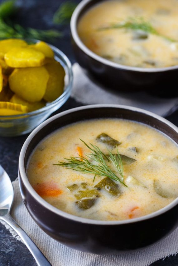 Two bowls of Dill Pickle Soup ready to eat